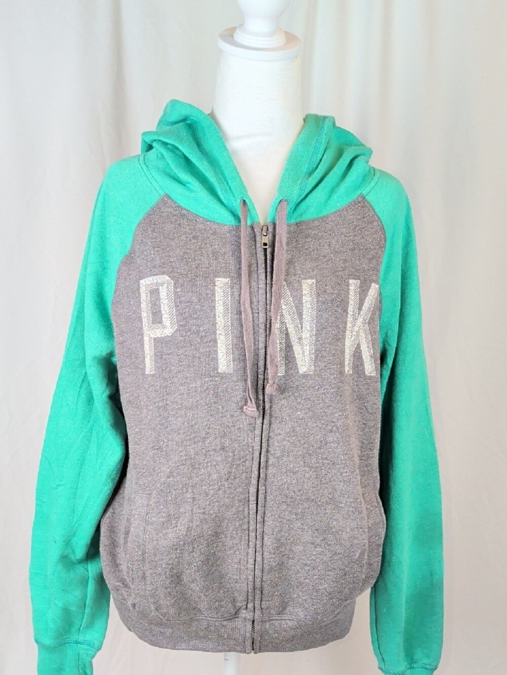 PINK Victoria's Secret Gray Green Colorblock Zip Up Hoodie Size S
